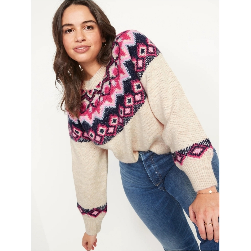 Old Navy Cream Pink Crew Neck Fair Isle Wool Blend Sweater Size Large